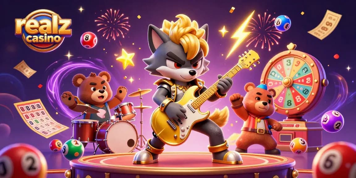 Experience the excitement of realz casino with a vibrant 3D illustration of lively characters and casino elements.