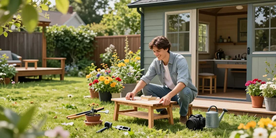 Gartenhaus kaufen: Moderne Gartenszene mit glücklichem Menschen, der Gartenmöbel zusammenbaut, umgeben von Blumen.