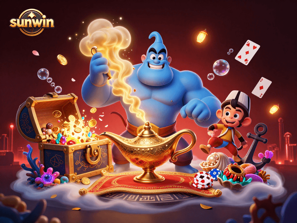 Experience sunwin's vibrant casino thrills with a magical genie and treasures.