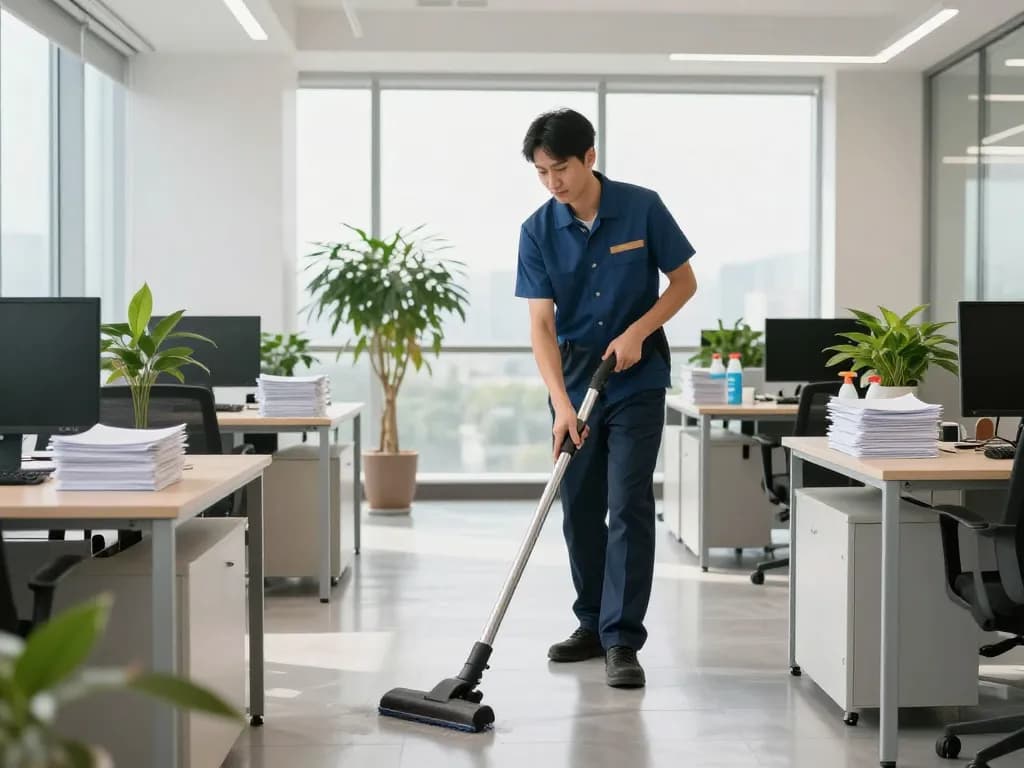 Professionelle Unterhaltsreinigung in Münster dargestellt in einem hellen Büro mit einer Reinigungskraft, die saugt und einen hygienischen Arbeitsplatz sichert.