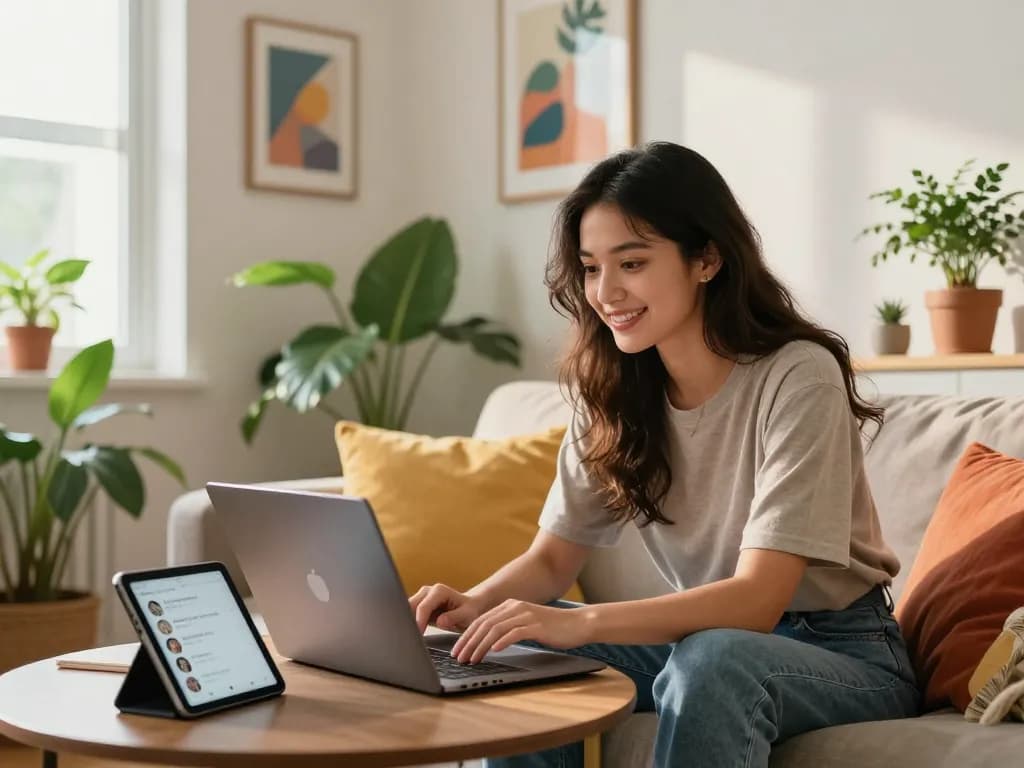 Engaging video chat with a girlfriend AI in a stylish urban apartment.