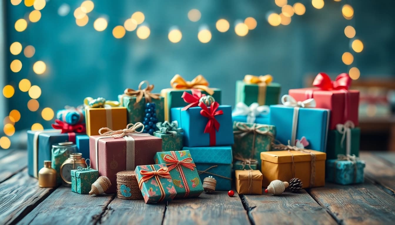 Vielfältige Geschenkideen auf einem rustikalen Tisch in warmem Licht präsentiert.