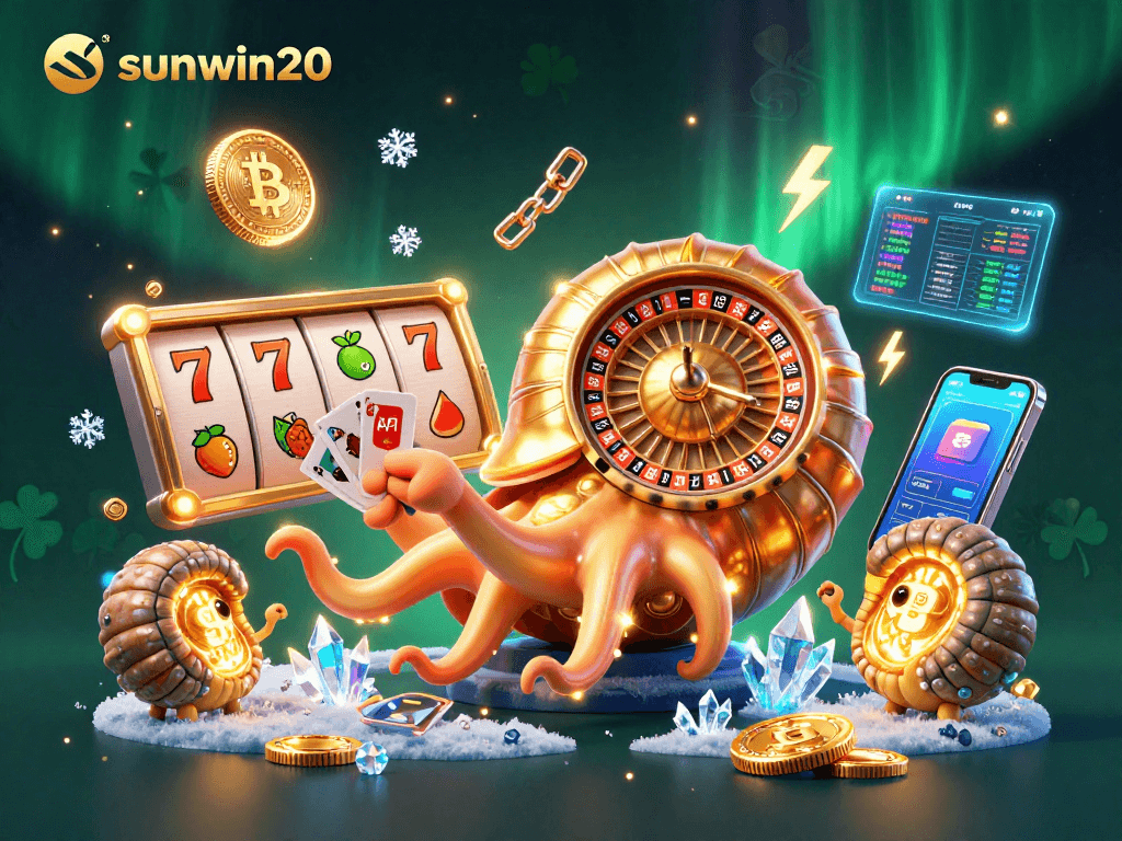 Experience the thrill of sunwin20 with a vibrant 3D casino illustration showcasing an ancient nautilus roulette wheel.