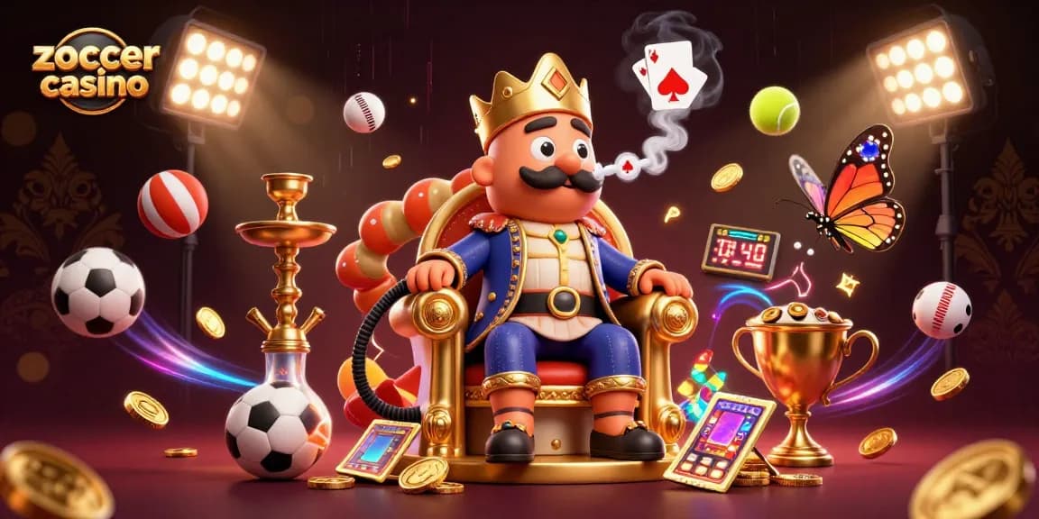 Zoccer Casino showcases an energetic scene with dynamic sports elements and a lavish caterpillar character.