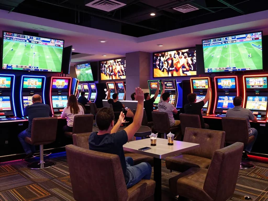 Patrons engaging in sports betting excitement at PHPVIP's casino lounge, showcasing dynamic screens and vibrant atmosphere.