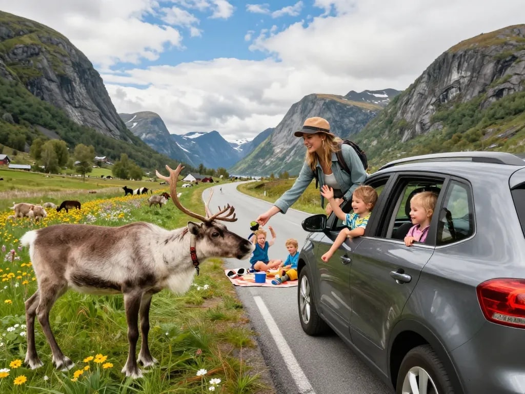 Familie genießt Urlaub in Skandinavien während einer Autofahrt durch Norwegens atemberaubende Fjorde mit Kindern und Landschaft.