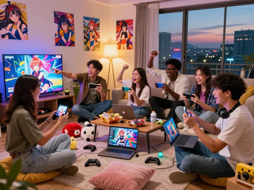 Friends enjoying interactive hentai games in a cozy living room.