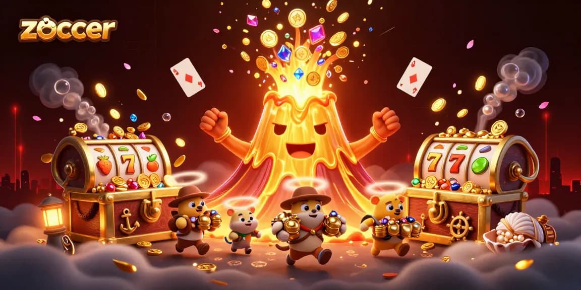 Zoccer offers thrilling gaming with golden treasures erupting in a vibrant 3D scene.