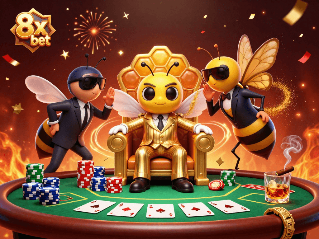 Experience the excitement of 8x bet with our immersive casino scene featuring colorful poker elements and vibrant characters.