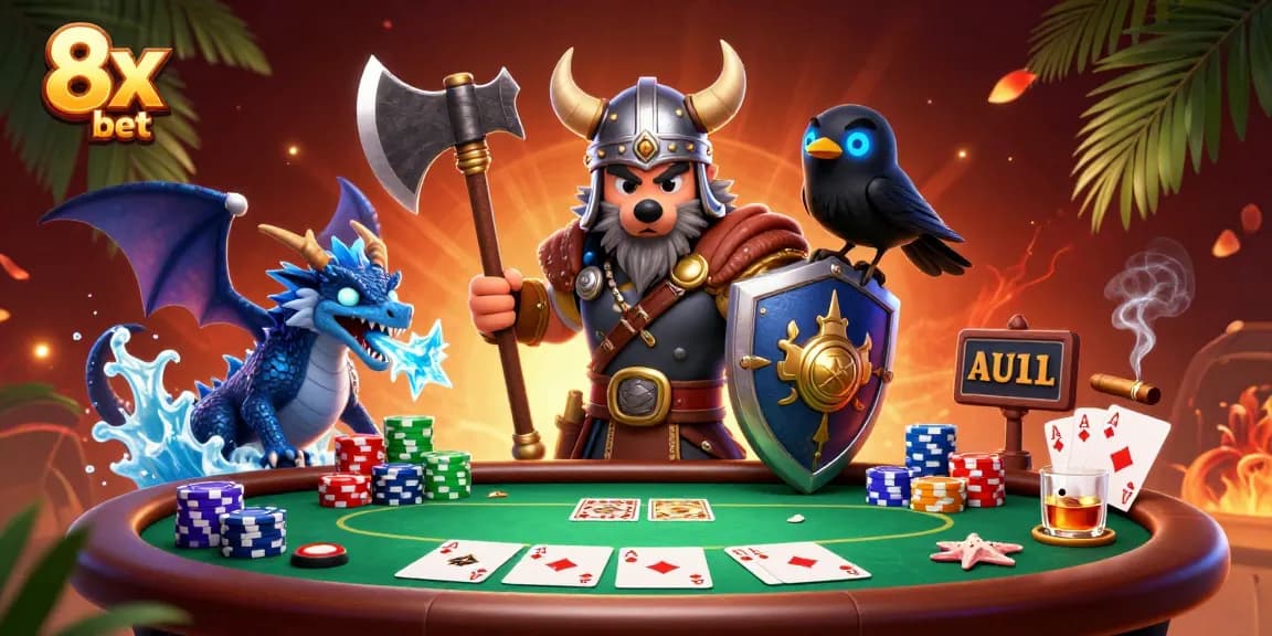 Engage with the thrilling action of 8x bet at a vibrant poker scene featuring a Viking wolf warrior.