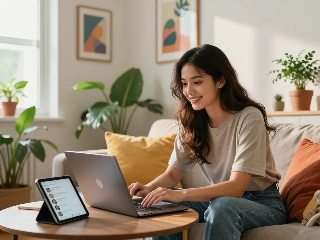 Engaging video chat with a girlfriend AI in a stylish urban apartment.