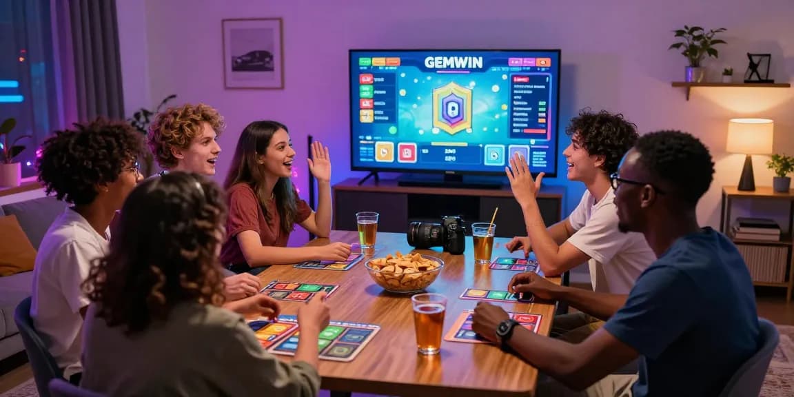 Engaged players at GEMWIN gaming platform enjoying card games with excitement and snacks.