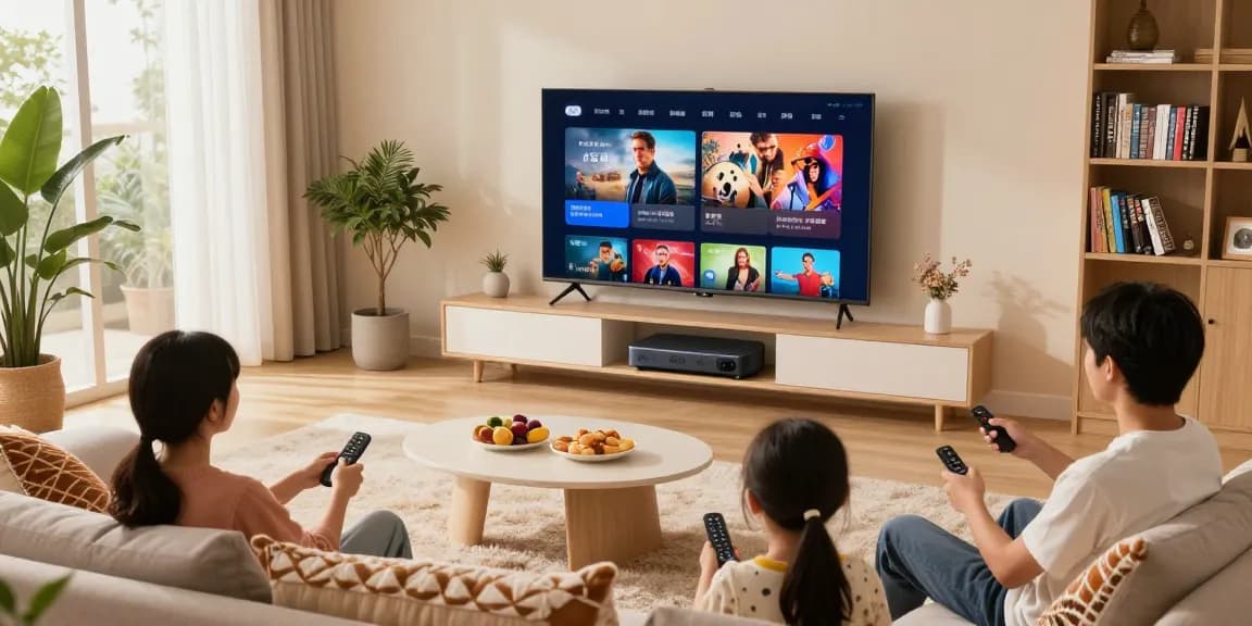 Die Familie genießt entspannte Stunden mit dem TV Smart Player im modernen Wohnzimmer, umgeben von stilvoller Einrichtung.