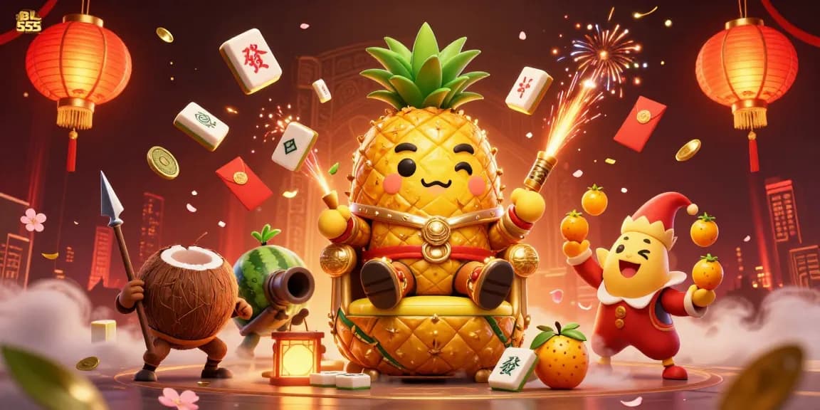 Engage with the vibrant casino scene from BL 555 featuring a golden pineapple king and exotic characters.