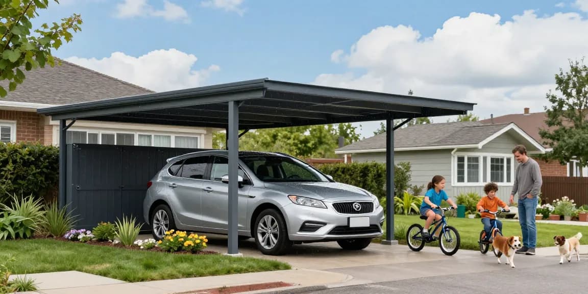 Moderne Carport-Struktur in einem Wohnumfeld mit einem silbernen Auto, das Schutz vor Regen bietet.