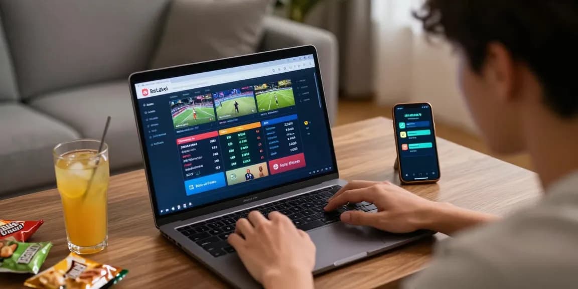 BetLabel login auf einem Laptop in einem modernen Wettumfeld mit Sportgrafiken.