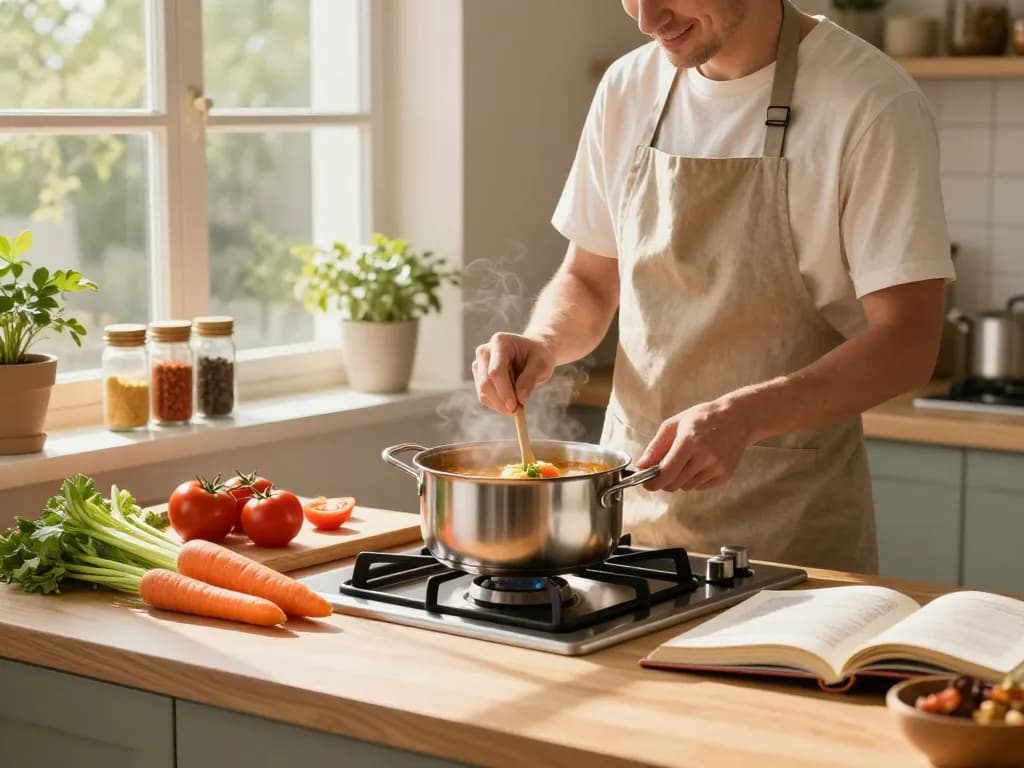 Kochen mit kochtöpfe kaufen in einer lebhaften Küche, frische Suppe mit Gemüse und Gewürzen zubereiten.