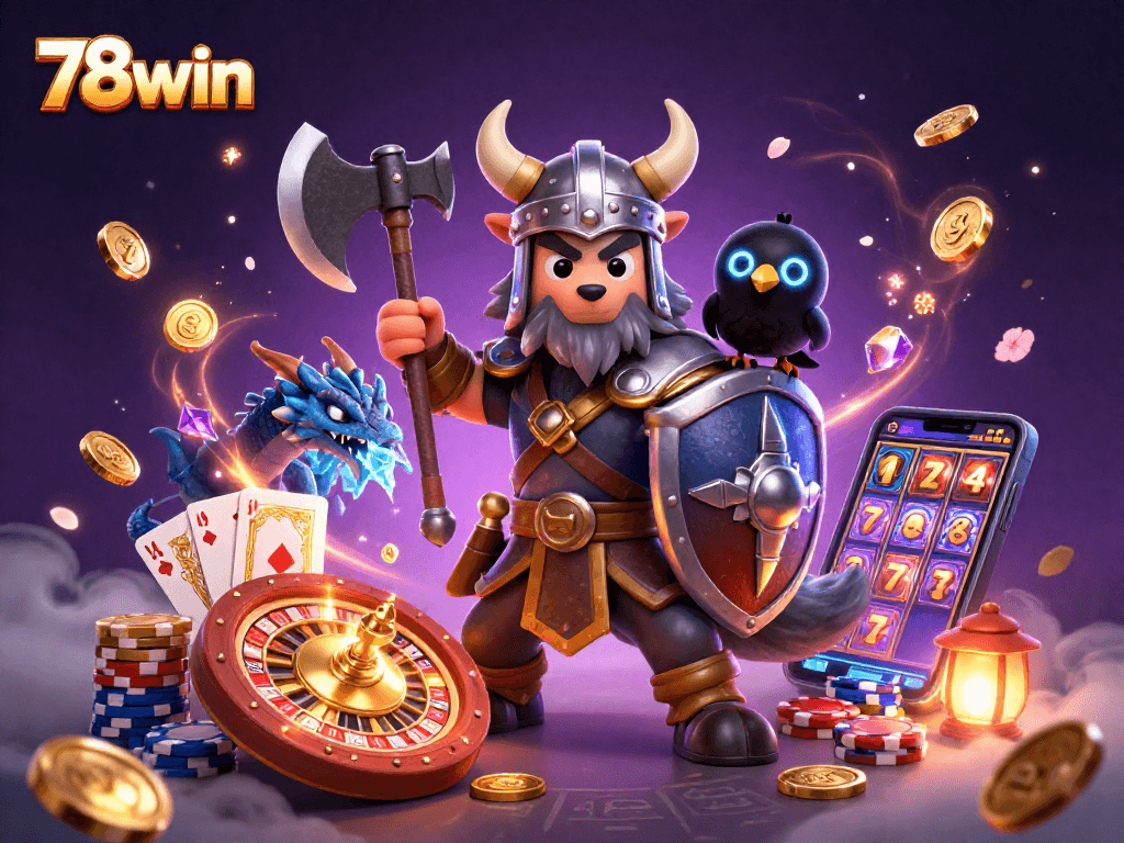 Experience the excitement of 78win with a Viking wolf warrior, fierce dragon, and glowing raven amidst cascading coins and vibrant gambling elements.