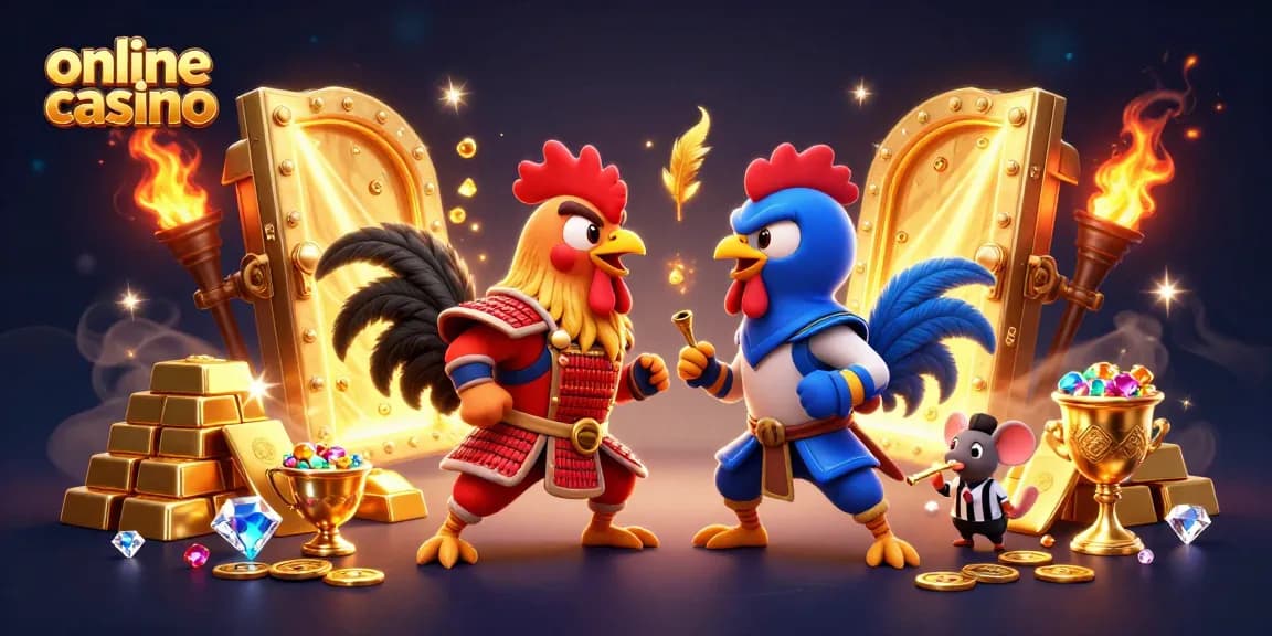 Engage in thrilling gameplay at an online casino with cartoon roosters in dramatic duel.