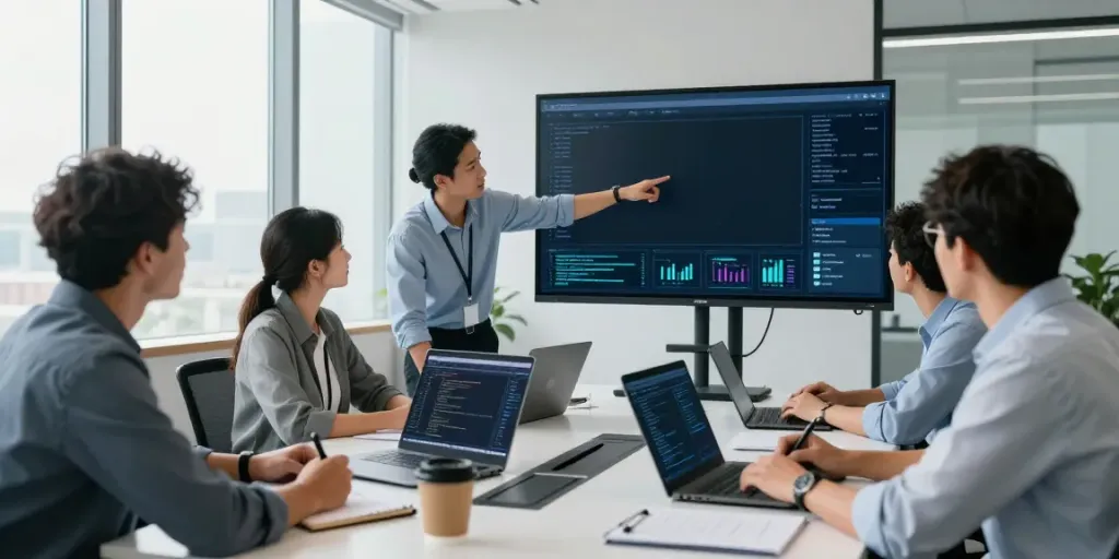 IT Security Firma analysiert Sicherheitsdaten in einem modernen Konferenzraum.