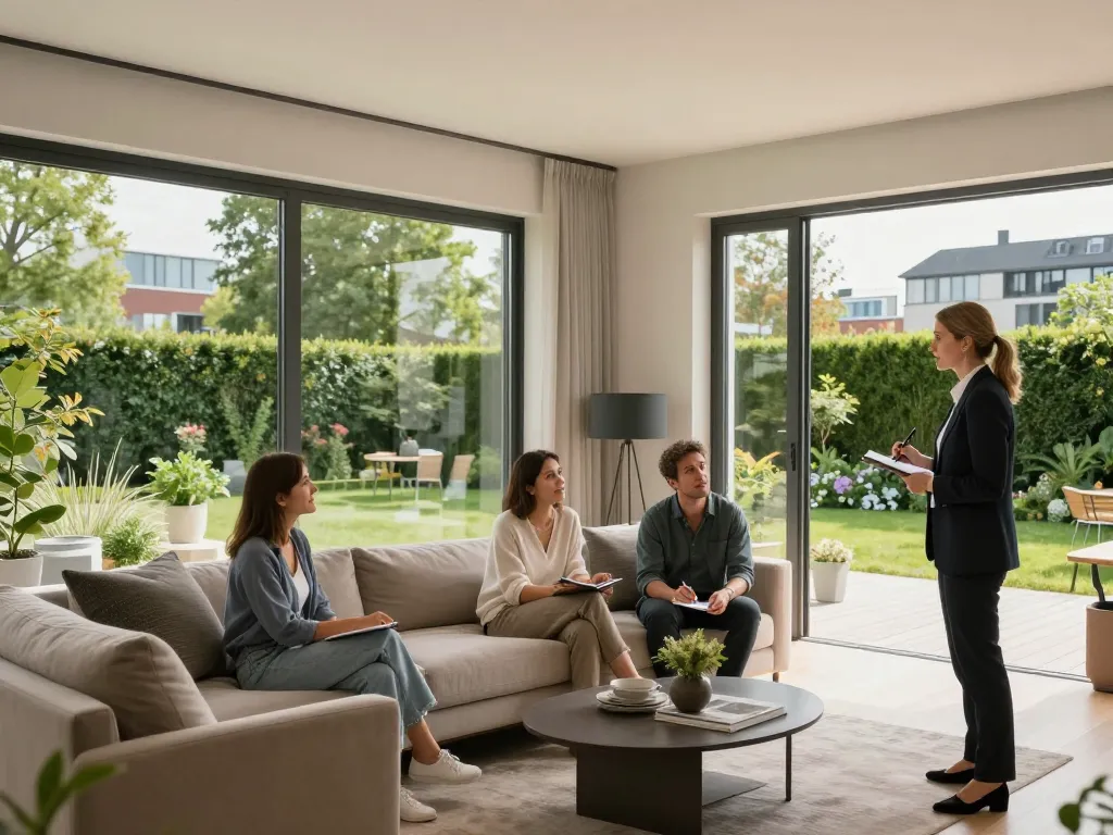 Immobilienmakler Frankfurt Riedberg präsentiert ein Einfamilienhaus interessierten Käufern in modernem Ambiente.