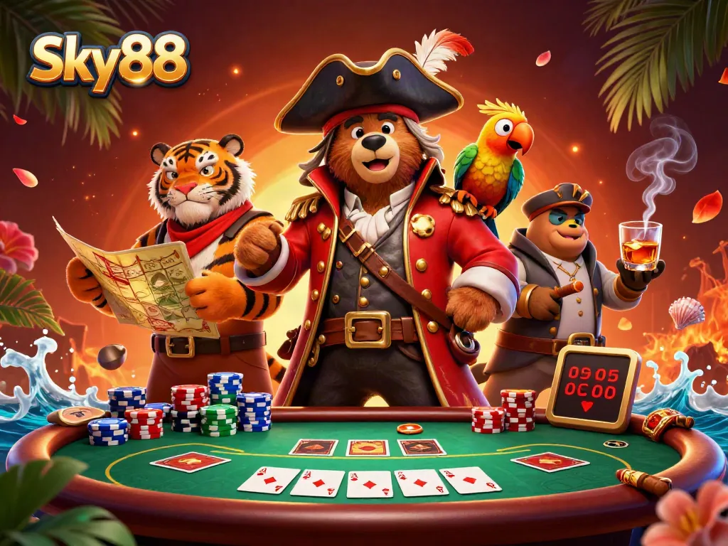 Engage in thrilling poker at Sky88 with a cartoon bear captain, tiger first mate, and vibrant casino elements.