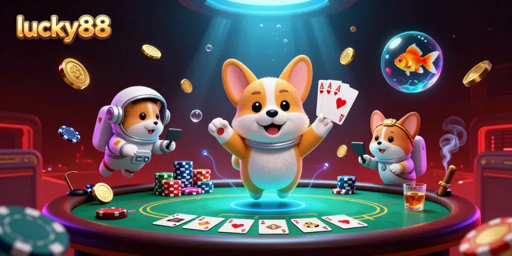 Engage with lucky88's vibrant 3D casino illustration featuring unique characters and dynamic game elements.