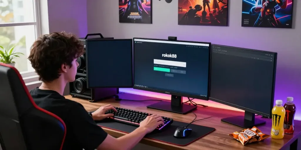 Engaging workspace with rokok88 login interface on monitor surrounded by gaming gear.