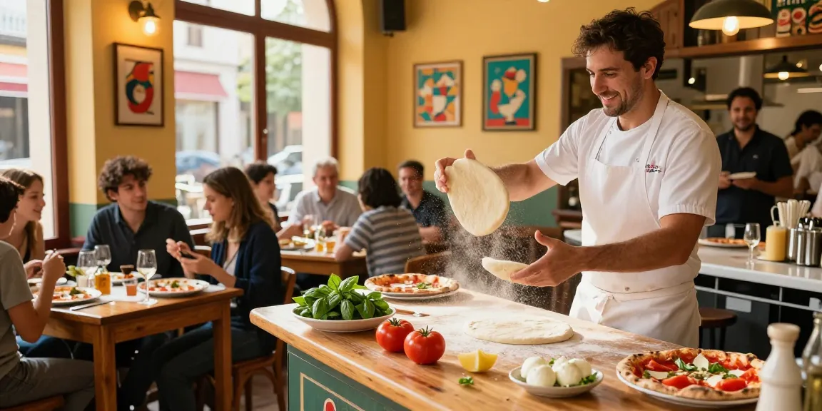 pg soft pizza scene with chef tossing dough in lively pizzeria atmosphere