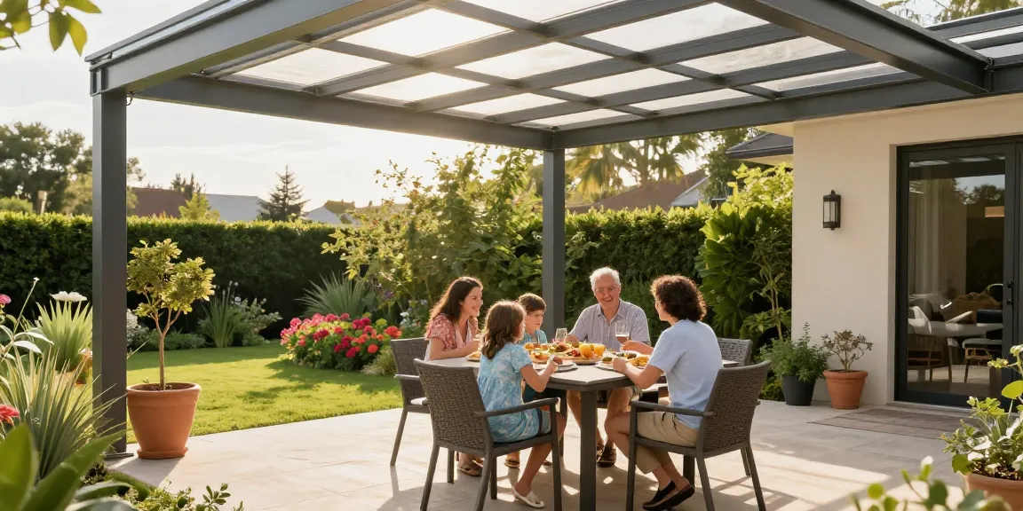 Moderne Terrassenüberdachungen bieten Schutz und Stil für Familienfeiern im Freien.