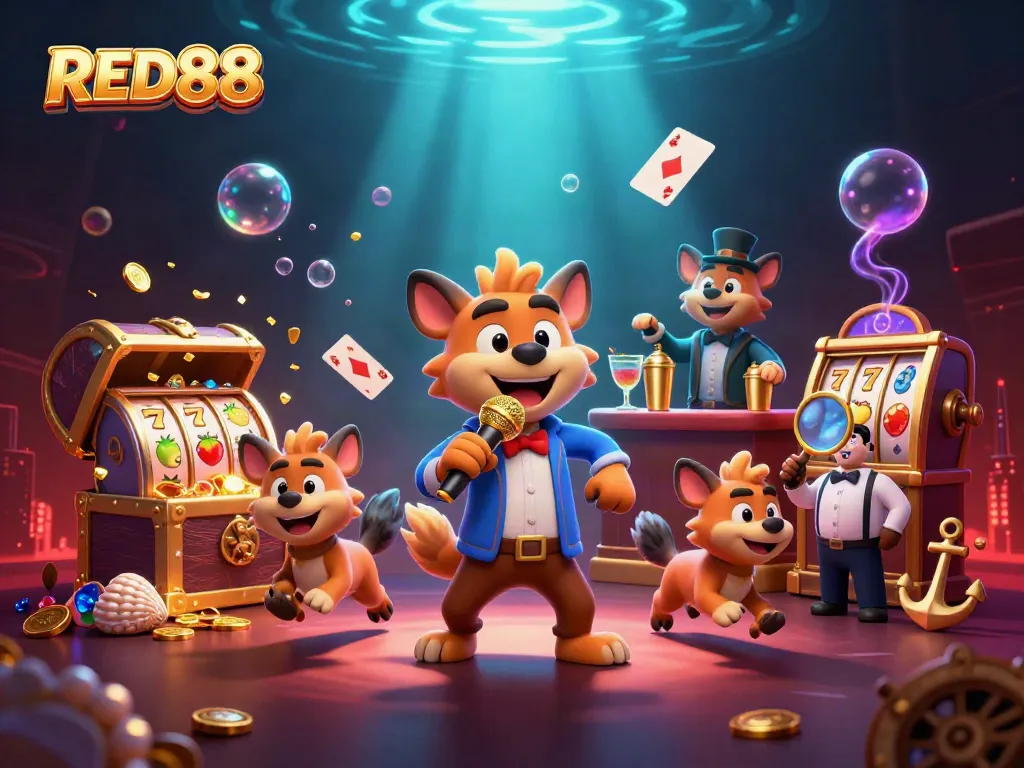 RED88 showcases a vibrant casino scene with hyena characters in a lively comedy club.