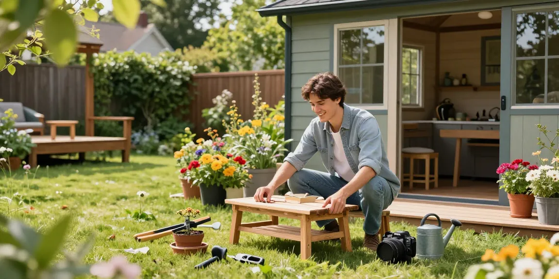 Gartenhaus kaufen: Moderne Gartenszene mit glücklichem Menschen, der Gartenmöbel zusammenbaut, umgeben von Blumen.