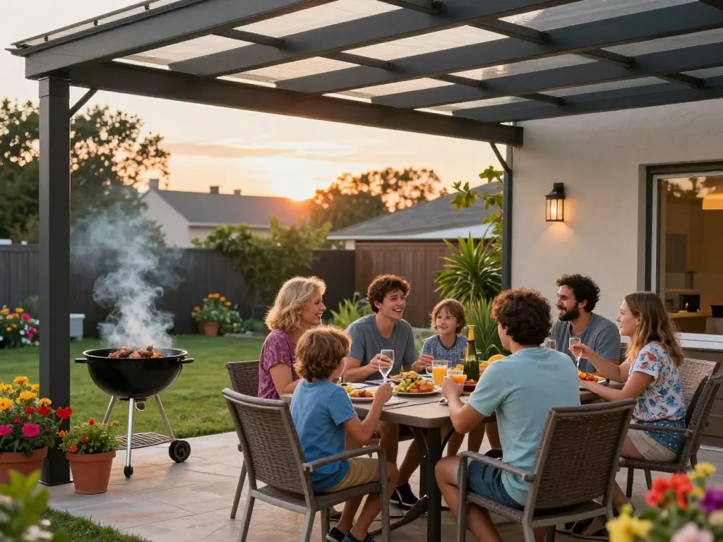 Familie genießt eine Mahlzeit unter einer stilvollen Terrassenüberdachung in einem lebhaften Gartenambiente.