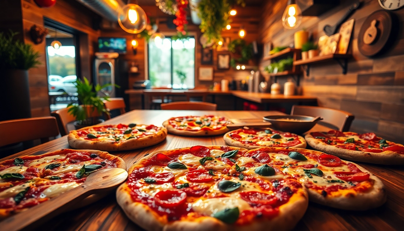 Delighting fans with gourmet Pizza displayed beautifully on a rustic table.