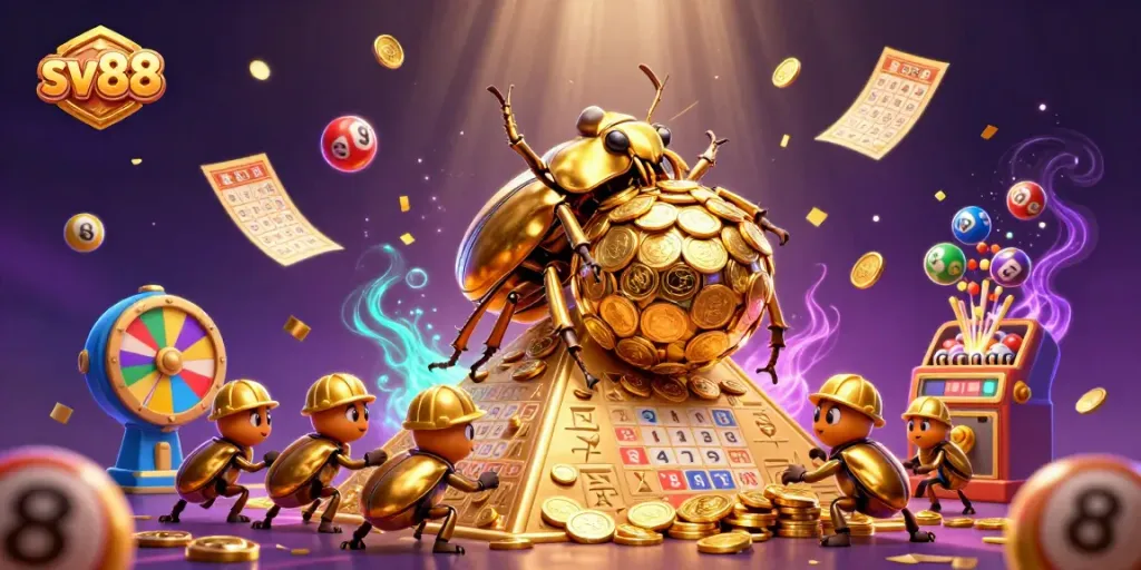 Experience sv88 with a vibrant 3D illustration of a golden beetle amidst gaming excitement.