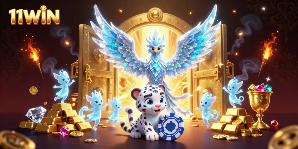 Engage with the vibrant world of 11WIN casino featuring a mystical ice phoenix, playful snow leopard, and treasure trove.