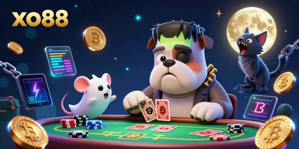 Engage with xo88's thrilling atmosphere, showcased by a playful Frankenstein bulldog monster dealing cards during a spooky casino session.