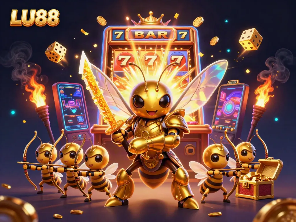 Experience the excitement at LU88 with a vibrant casino scene featuring a golden hornet samurai and game elements.
