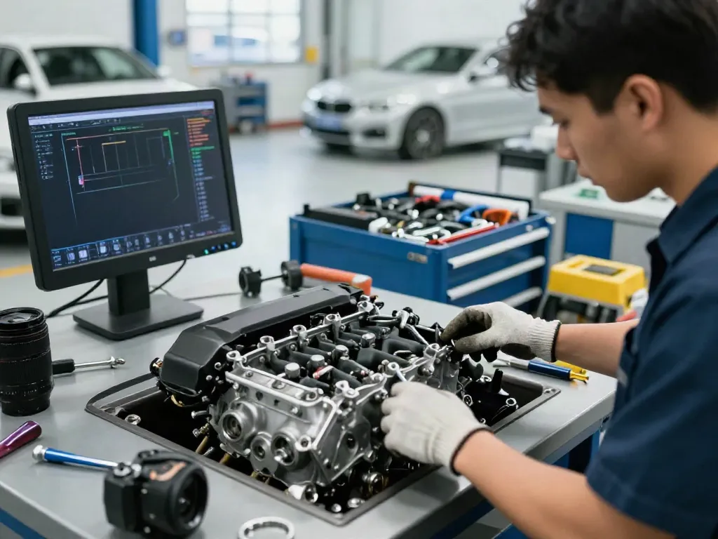 BMW Steuerkette Hannover: Mechaniker prüft den BMW Motor in Werkstatt.