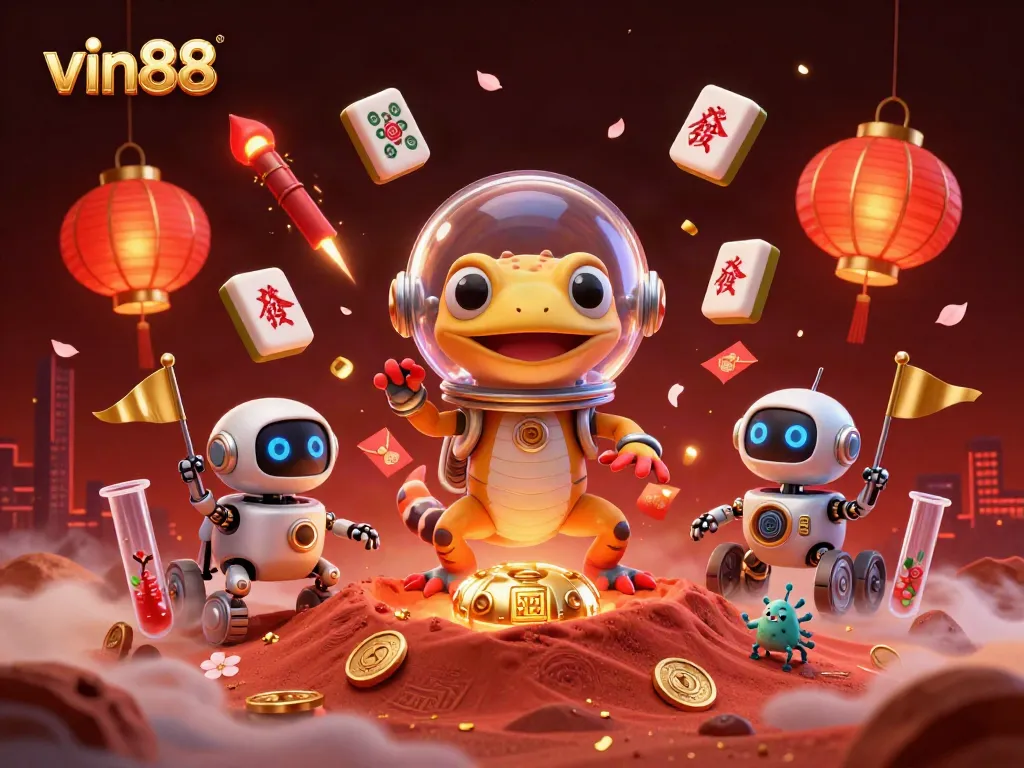 Experience the excitement of vin88 in this vibrant 3D casino scene featuring a Martian gecko and treasures.
