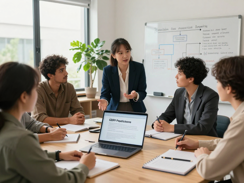 Beratung zu Datenschutz für soziale Einrichtungen in einem modernen, hellen Büro.