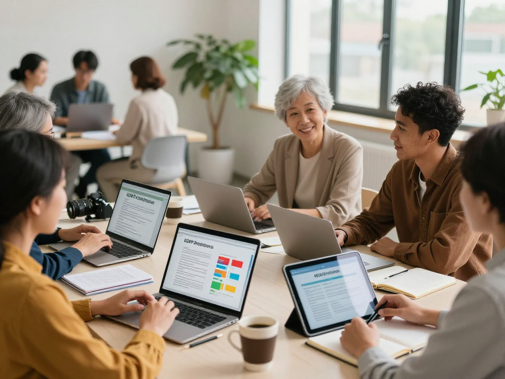 Collaboration in a community center focused on Soziale Einrichtungen, highlighting data privacy and accessibility strategies.
