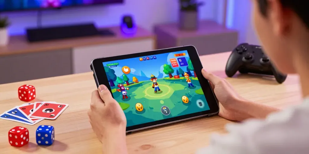 Engaging scene showcasing the cổng game IWIN with a player enjoying vibrant gameplay on a tablet surrounded by gaming elements.