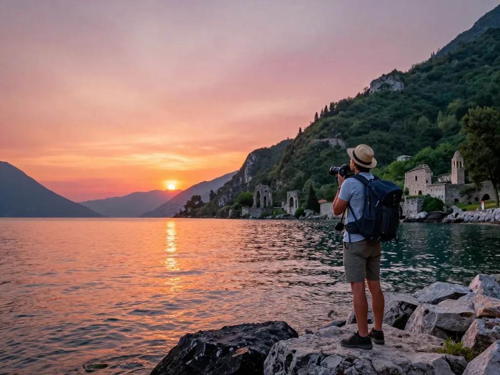 Gardasee Reisetipps zeigen atemberaubende Sonnenuntergangsblicke über den Gardasee, während Reisende die friedliche Atmosphäre genießen.