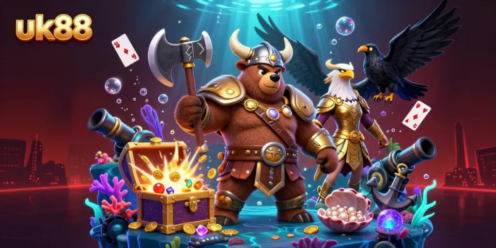 Viking bear and Valkyrie eagle showcase the exciting gaming world of uk88 with treasure and cards.