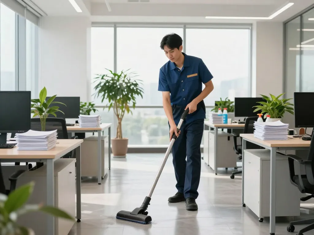 Professionelle Unterhaltsreinigung in Münster dargestellt in einem hellen Büro mit einer Reinigungskraft, die saugt und einen hygienischen Arbeitsplatz sichert.