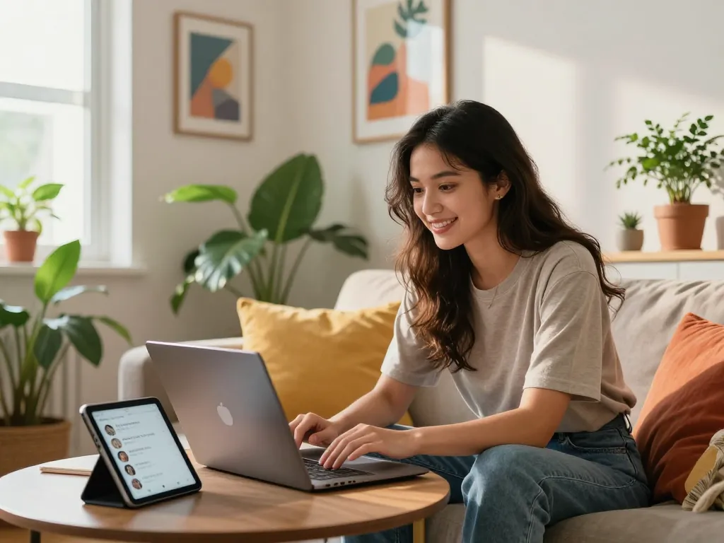 Engaging video chat with a girlfriend AI in a stylish urban apartment.