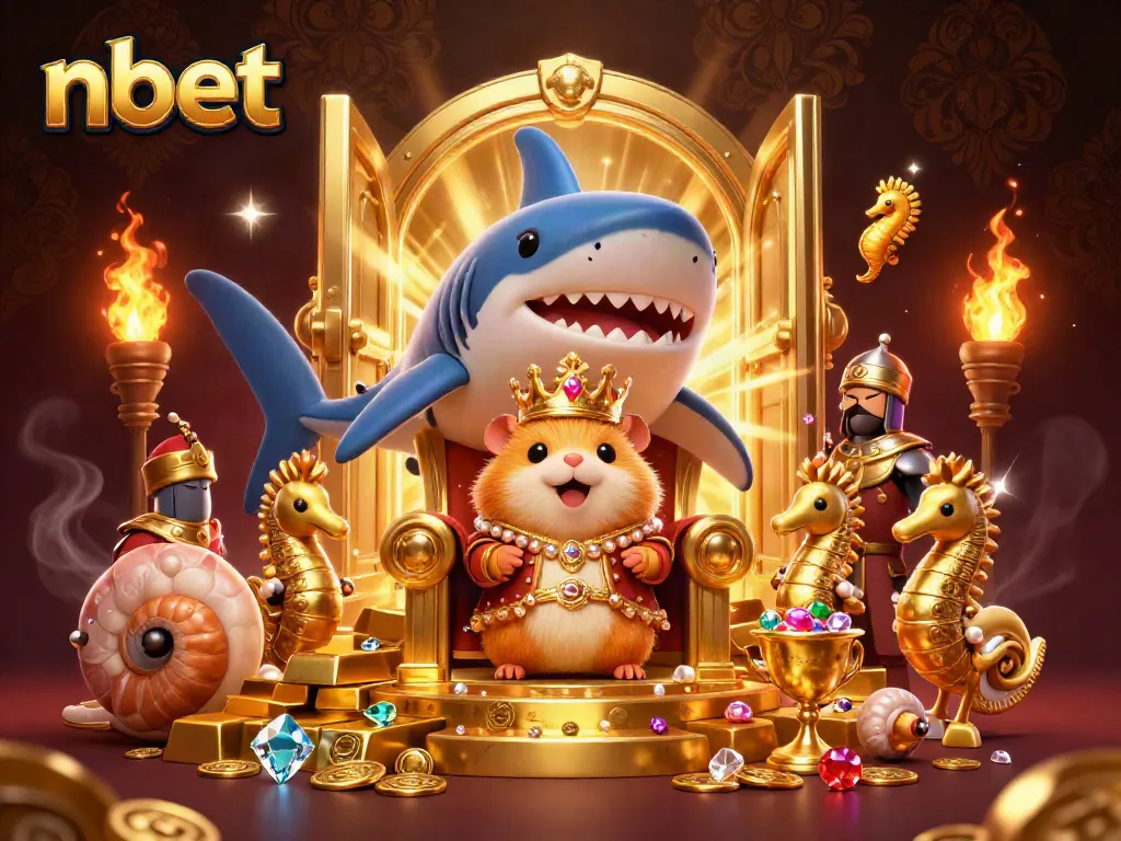 Experience the thrill of winning with nbet's vibrant 3D illustration of a hamster king on a shark throne amidst a treasure trove.