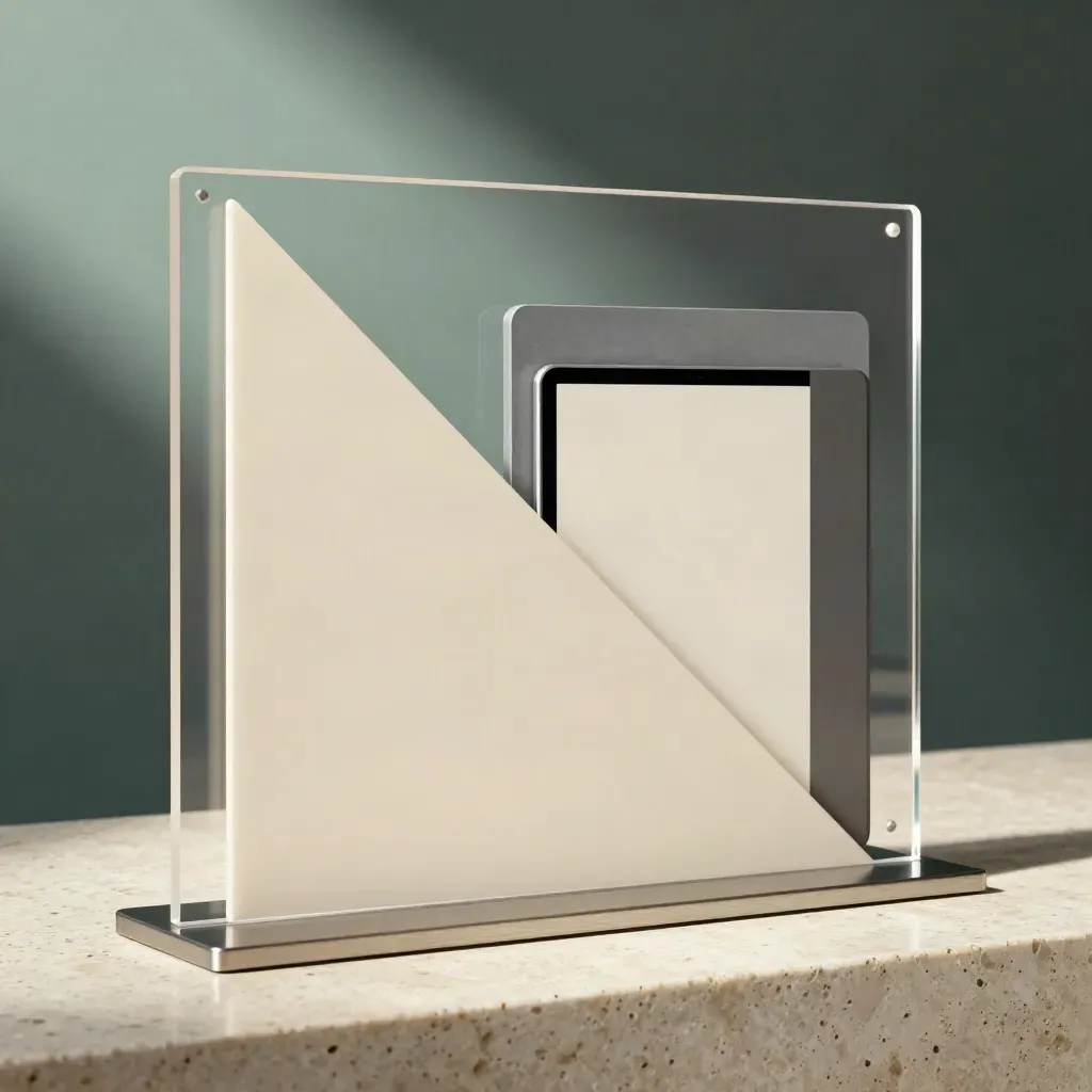 Transparente Kampagnen-Boards mit Diagonalform und kleinem Mockup auf Travertin.