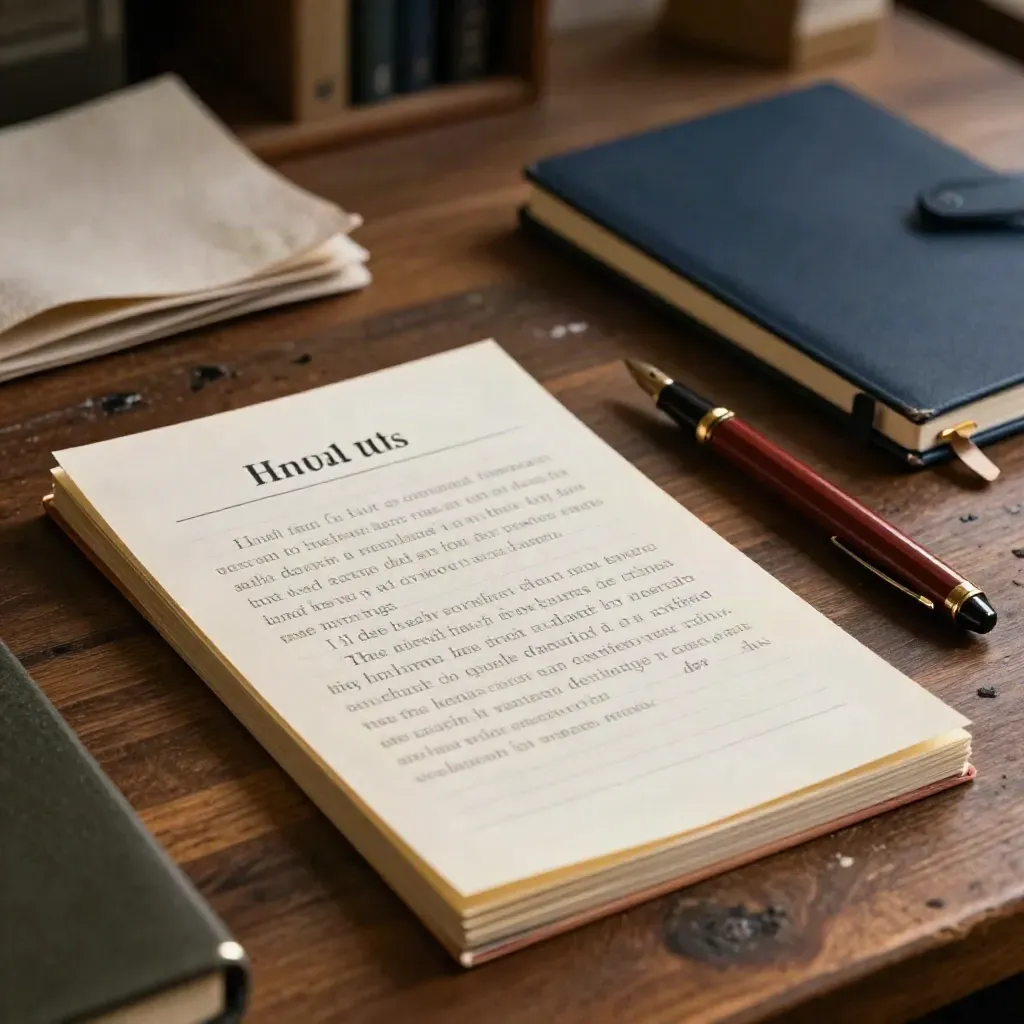 Schräg von oben auf umgedrehte Skriptkarten, Füllfeder, roten Stift und Notizbuch auf dunklem Holz.